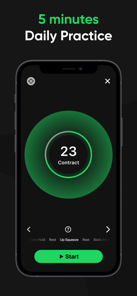 Kegel Gym: Men's Health Coach - A smartphone screen showing the Kegel Gym app interface with a countdown timer for a five minute daily practice session.