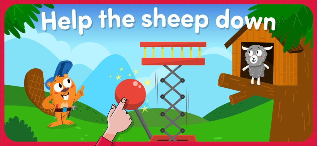 Animal Rescue: Kids games FULL - A beaver character using a scissor lift to help a sheep down from a treehouse in a kids learning game