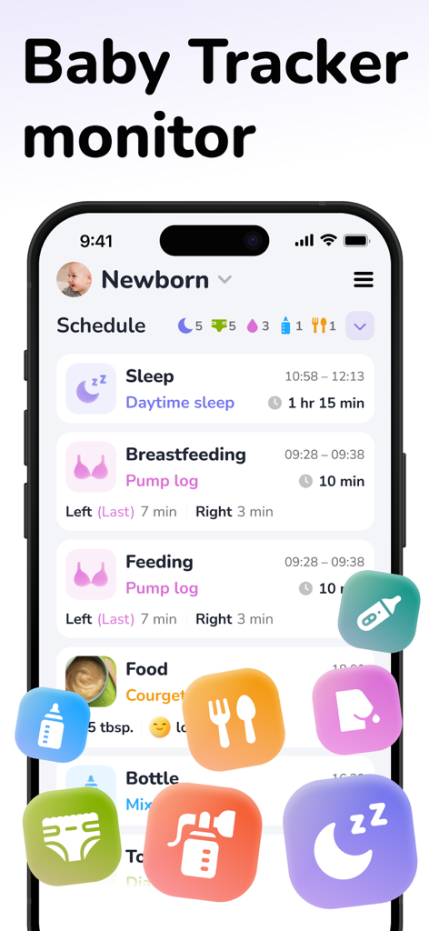 Cry Analyzer + Baby Translator - Uma tela de smartphone exibindo a programação de atividades do bebê do aplicativo AYA com registros de sono, amamentação e alimentação.