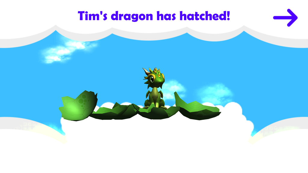 Un petit bébé dragon vert assis dans sa coquille d'œuf éclose devant un fond de ciel bleu.