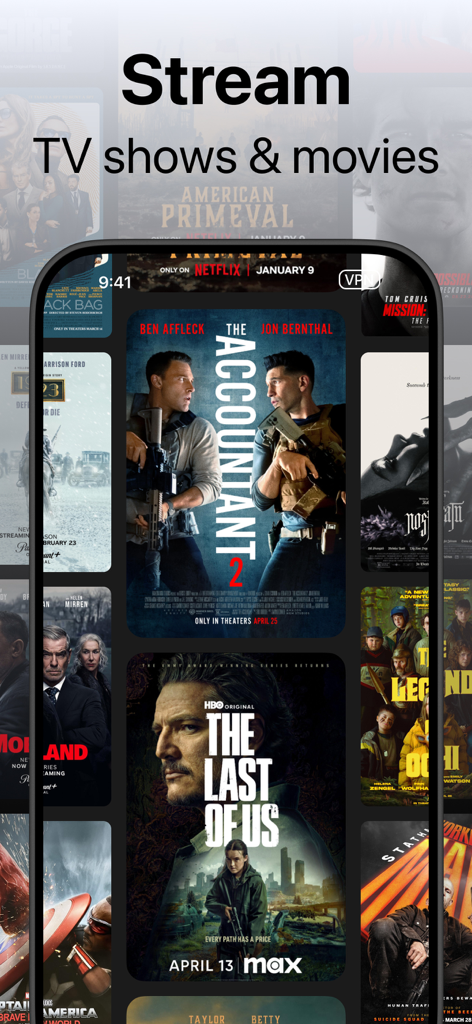 Toggle VPN app interface showing a selection of movies and TV shows for secure streaming