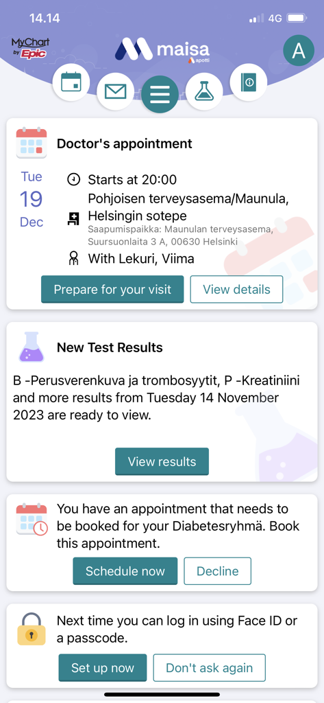 The Maisa medical app dashboard showing doctor appointment details and laboratory test results.
