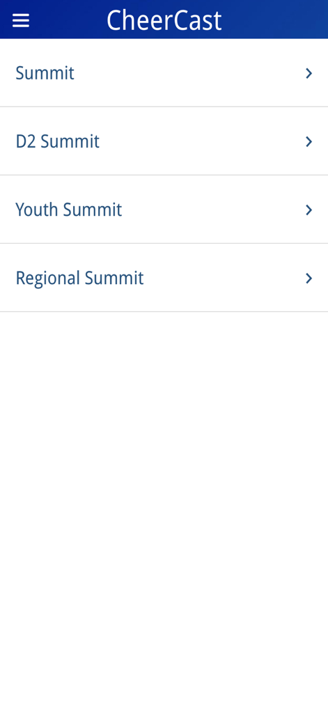 CheerCast - CheerCast app interface displaying a list of cheerleading summit categories including Summit D2 Summit and Youth Summit