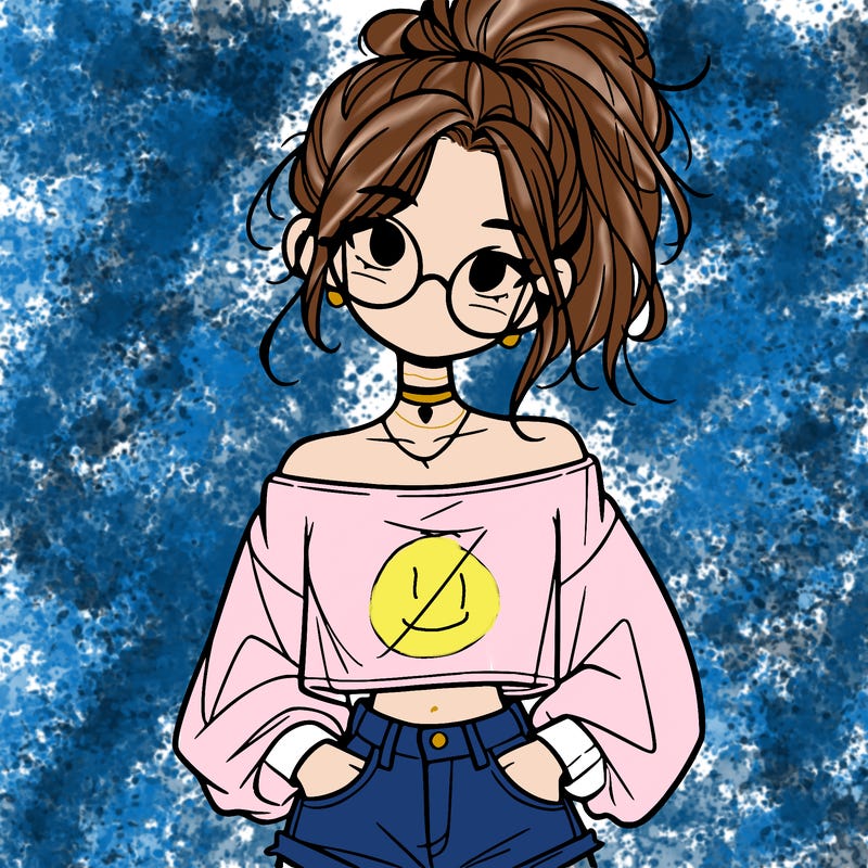 girl with a messy ponytail glasses a baggy crop top and jean shorts