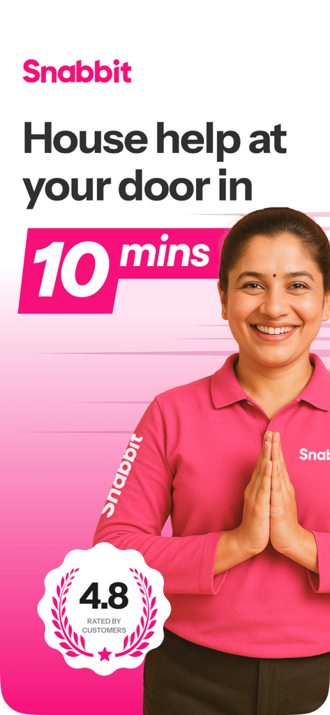 Snabbit App-Werbung mit einer professionellen Reinigungskraft und dem Versprechen einer 10-minütigen Ankunft