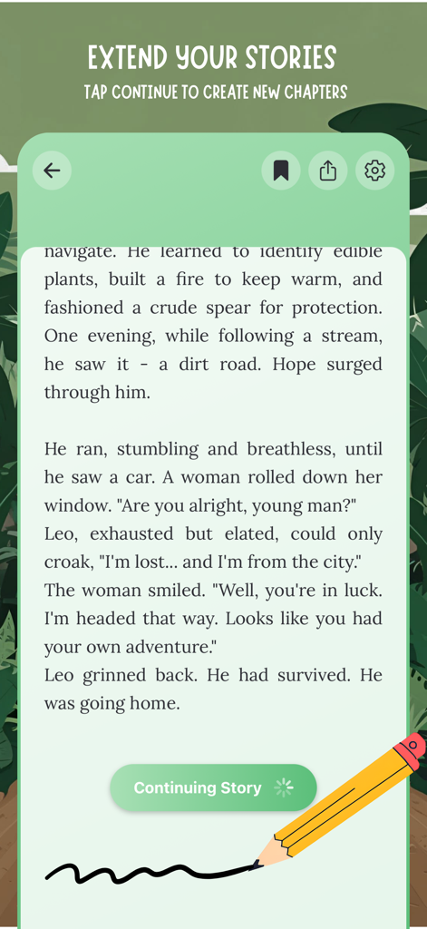 Interface of the Storytize app showing the feature to extend stories and create new chapters with a single tap