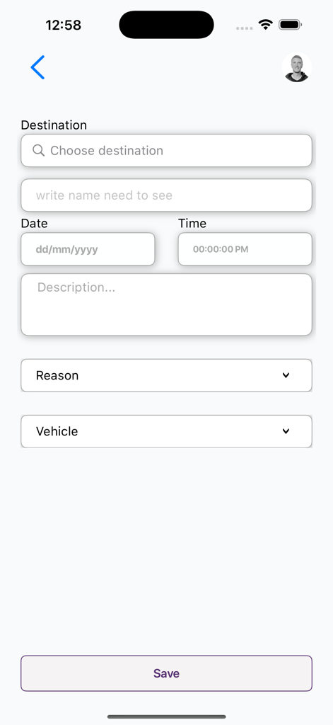 Formulario de entrada operativa para registrar el destino, la fecha y la hora en la aplicación Smart-Time
