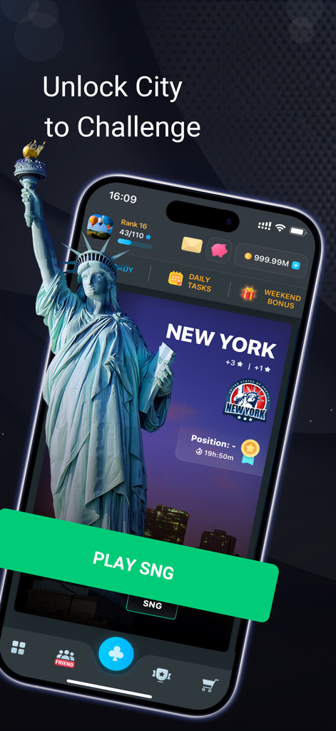 PokerUp: Social Poker - Tela do app PokerUp exibindo a Estátua da Liberdade e o desafio da cidade de Nova York.