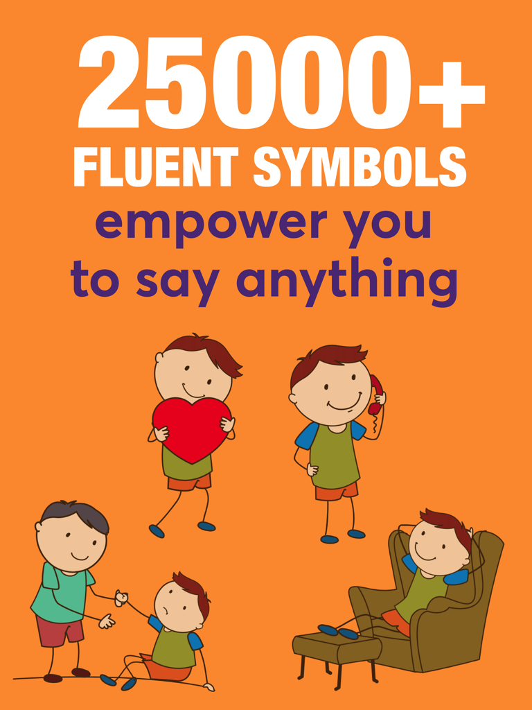 Fluent AAC: Communication App - Promotional graphic for Fluent AAC app showing cartoon children and text about 25000 communication symbols