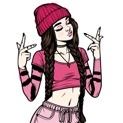 realistic teenage girl with braids and a beanie and crop top doing 🫶🏼
