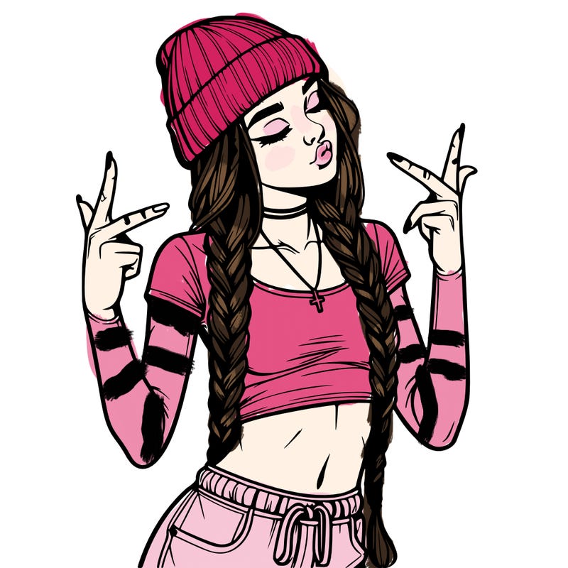 realistic teenage girl with braids and a beanie and crop top doing 🫶🏼