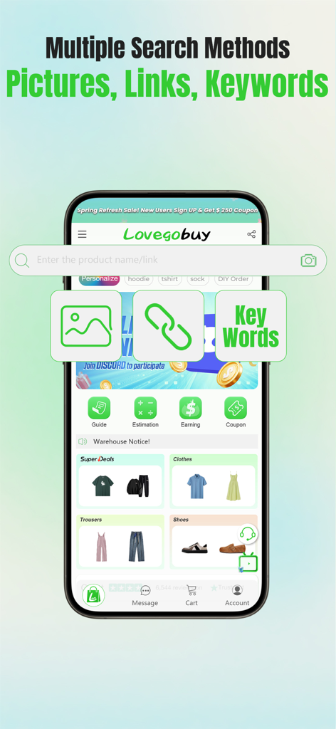 Lovegobuy app interface for searching products via pictures links and keywords