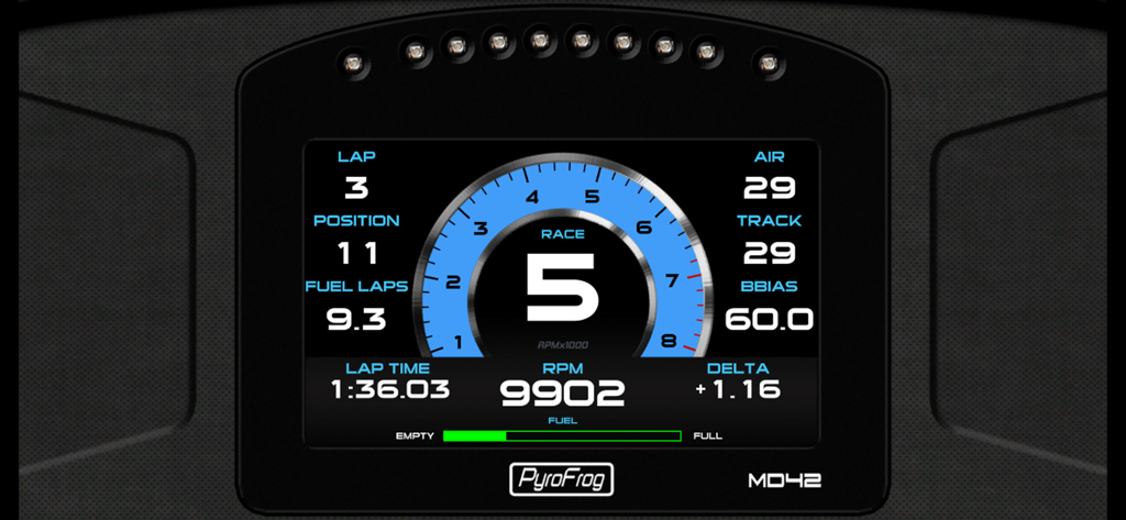 DashPanel - Dashboard digital de carreras mostrando engranaje, RPM y datos de vuelta para simulación de carreras
