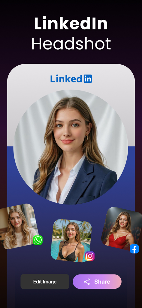 Aplicación con IA Bananix Pro mostrando un retrato profesional de LinkedIn y variaciones de perfiles de redes sociales