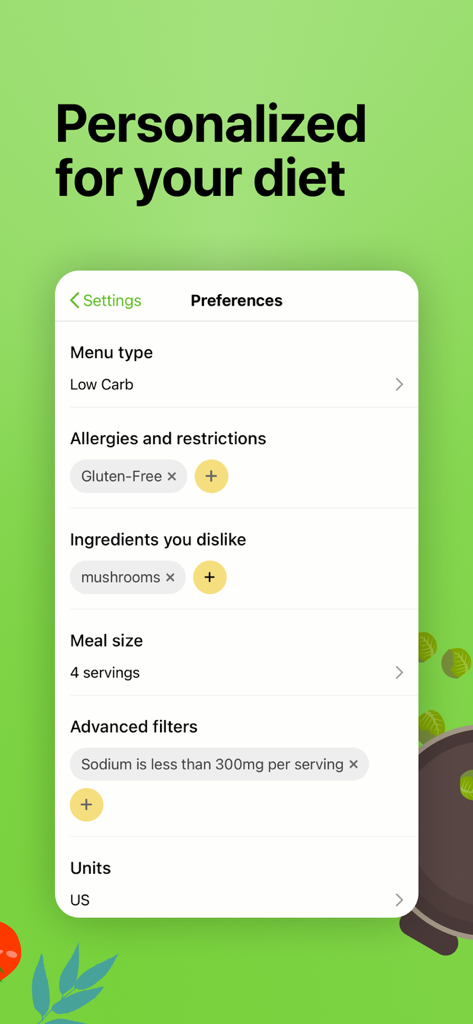Einstellungen-Bildschirm der Mealime-App mit personalisierten Ernährungseinstellungen für Low-Carb-, glutenfreie und natriumarme Mahlzeiten