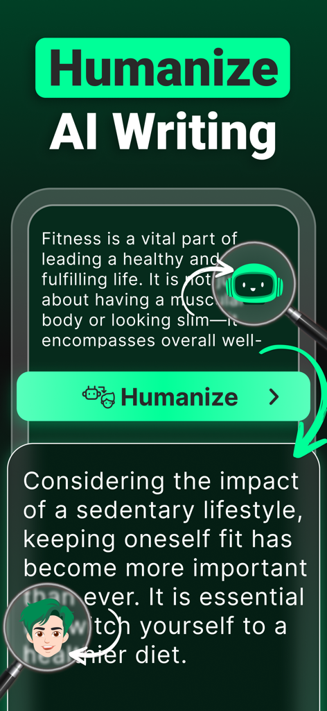 AI Detector :Humanizer AI Tool - App interface showing the conversion of AI generated text into natural human writing