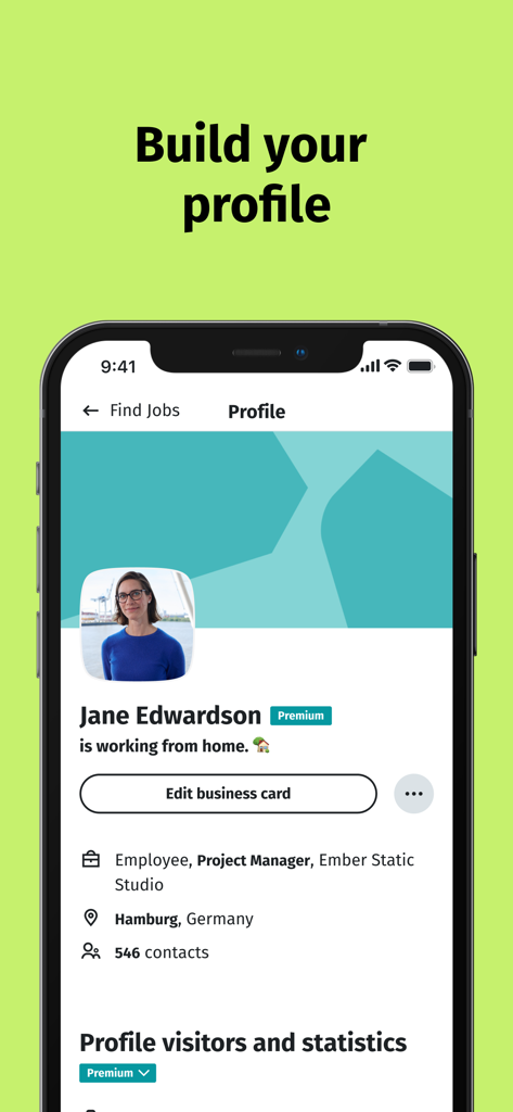 Un écran de téléphone portable affichant un profil professionnel sur l'application XING avec les détails de l'utilisateur et l'historique professionnel.