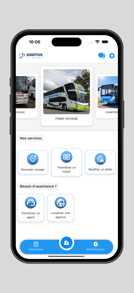 Kratos Travel - Pantalla de inicio de la aplicación Kratos Travel para reservar y transferir billetes de autobús en Camerún