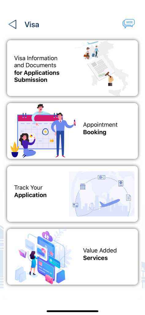Main menu of the Italy Global app showing options for visa information, appointment booking, and application tracking.