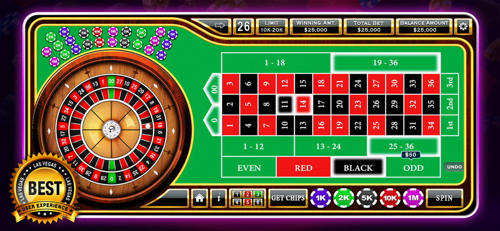 Vegas Slots - 7Heart Casino - 7Heart Casinoのデジタルルーレットホイールとベッティングテーブルインターフェース