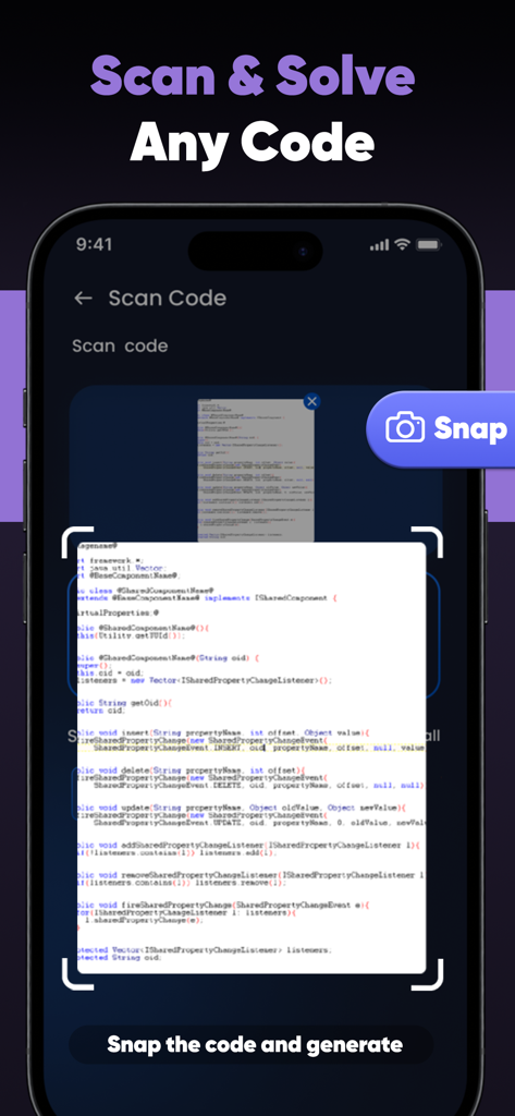 Code AI: Learn Programming - Interfaz de la aplicación móvil mostrando la función de escanear y resolver para analizar código de programación con IA