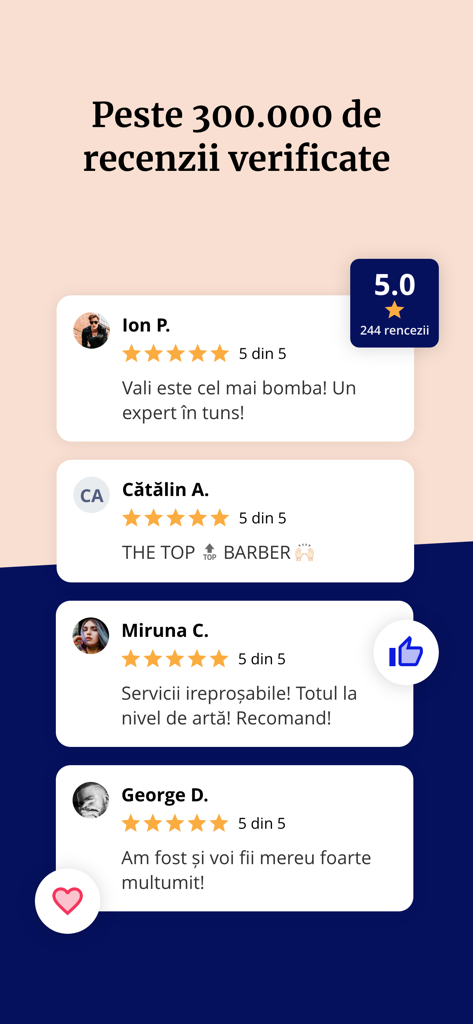 MERO - Programări Online - Screenshot of the MERO app displaying verified customer reviews with five-star ratings and testimonials for beauty services.