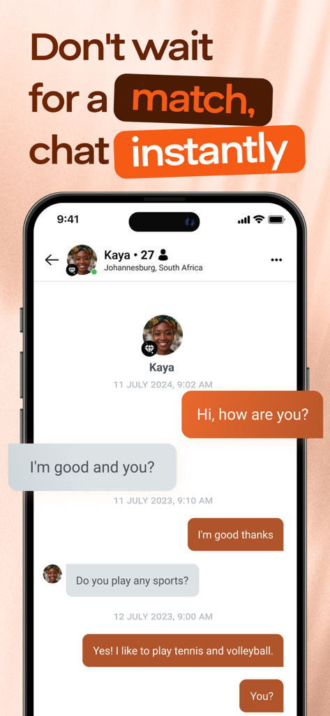 Interface de l'application de rencontres AfroIntroductions montrant une conversation de chat instantané entre deux utilisateurs