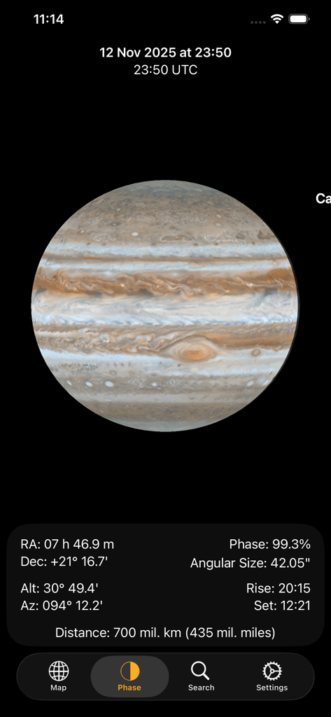 Jupiter Atlas - Vista detallada de Júpiter en la aplicación Atlas de Júpiter que muestra bandas de nubes y datos de observación astronómica