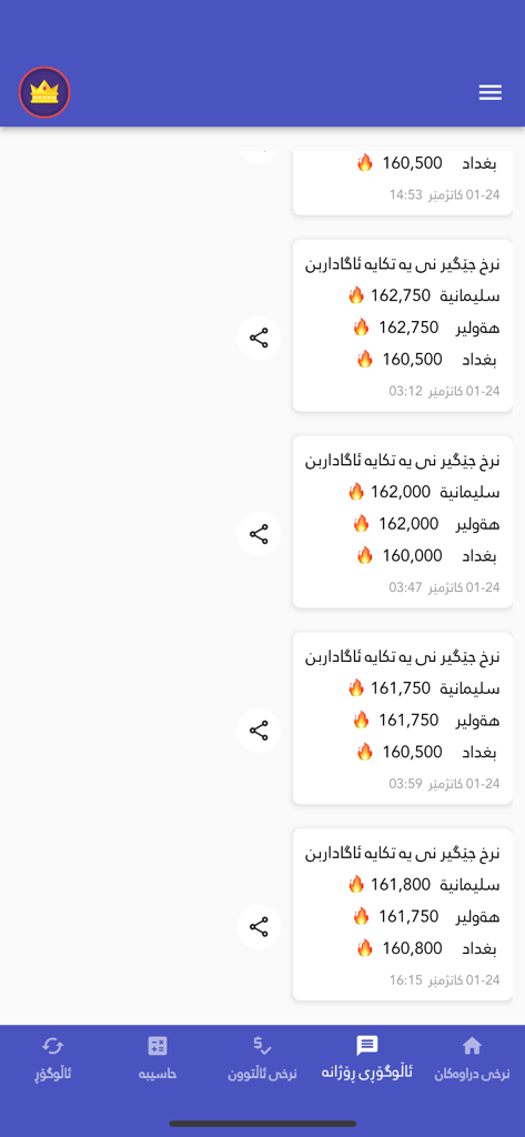 بازاڕی دولار : بورصة العراقیة - Mobile app interface displaying real-time US Dollar to Iraqi Dinar exchange rates for Baghdad and Erbil