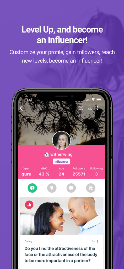GirlsAskGuys™ - A user profile in the GirlsAskGuys app showing influencer status, follower count, and a dating poll question.