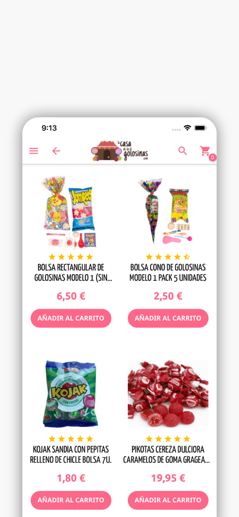 La casa de las golosinas - Mobile app interface of a Spanish candy store showing assorted sweets and party bags with prices and ratings