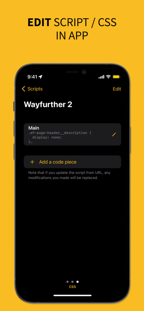 Mobile interface of Cown Zoo app displaying CSS code editing and script management