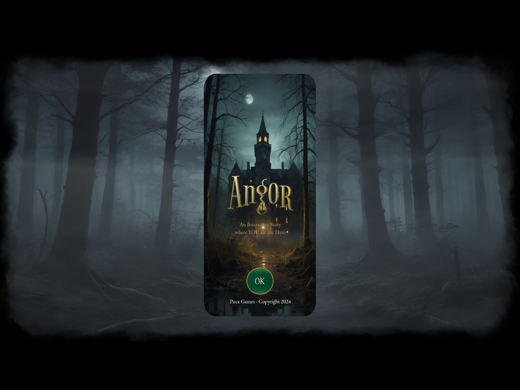 Angor : RPG - The title screen of Angor RPG featuring a dark gothic building in a misty forest under a full moon