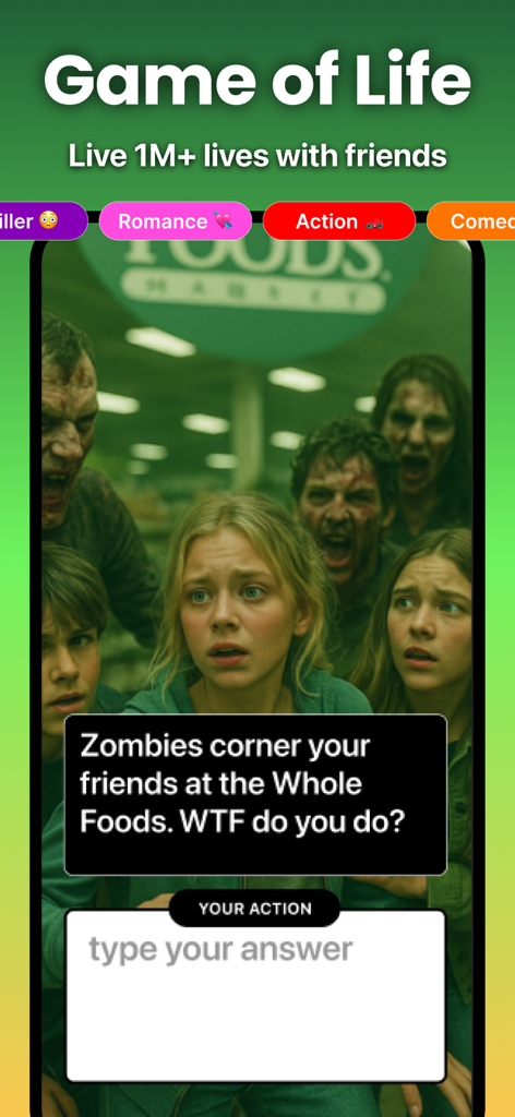 Wasabi - Viral Party Games - A screenshot of the Wasabi party game app showing the Game of Life mode with a zombie survival scenario at a grocery store and a prompt for players to type their action.