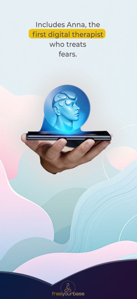 恐怖治療のためのデジタルセラピスト、アンナが表示されたスマートフォンを手に持っています。