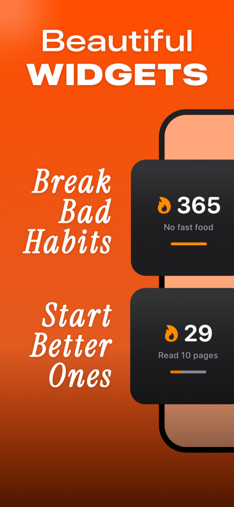 StreakUp mobile app widgets showing daily streaks for breaking bad habits and starting new ones