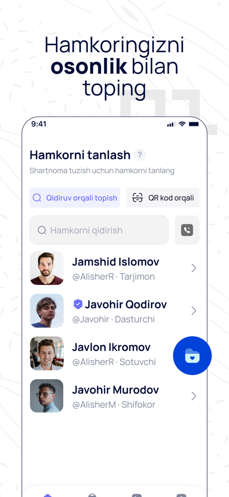 Hesap - Interfaccia mobile dell'app Hesap che visualizza un elenco ricercabile di partner commerciali e membri del team con profili e ruoli professionali