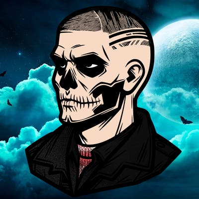 man with skull face and buzz cut