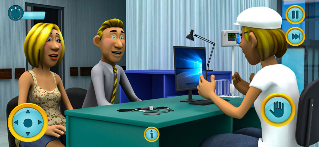 시뮬레이션 게임에서 의사와 상담하는 임산부와 가상 아빠