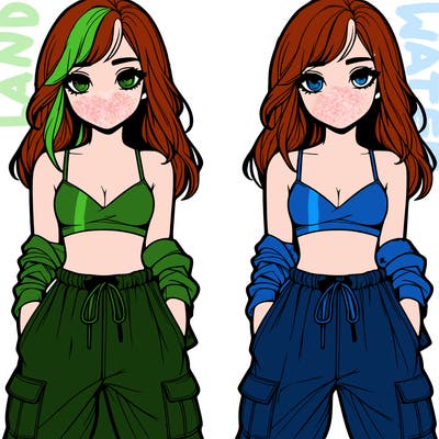 realistic girl with top and baggy pants split