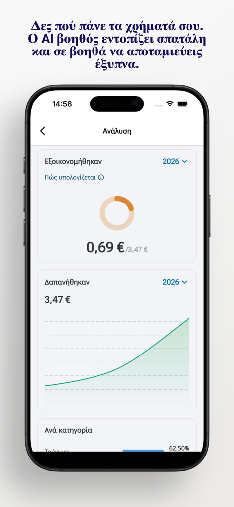 Agora AI - Agora AI app interface showing spending analysis and savings graphs