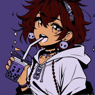 hot baddie anime girl drinking boba and biting the straw