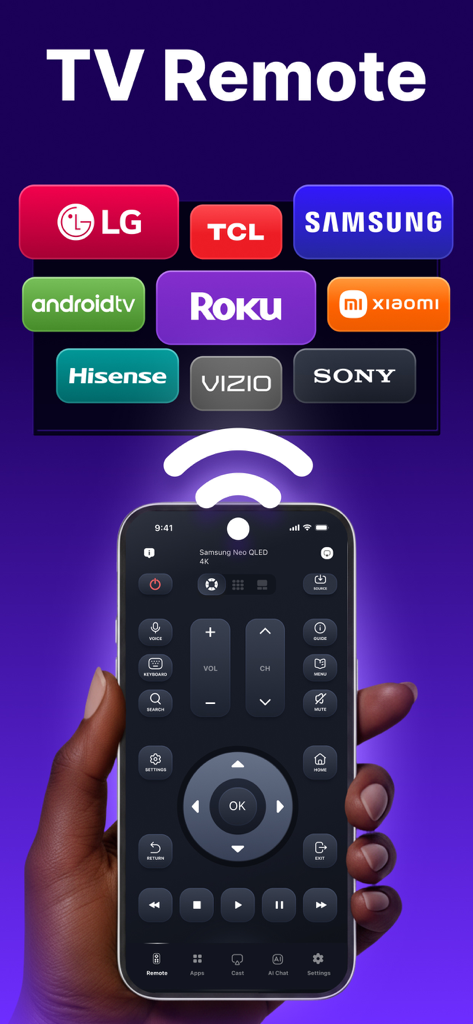 TV Remote Pro & Screen Mirror - A hand holding an iPhone displaying the TV Remote Pro interface with logos of compatible brands like Samsung, LG, Roku, and Sony