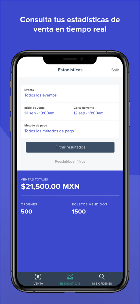 Insiders: Imprime boletos - Panel que muestra estadísticas de ventas de boletos de eventos en tiempo real e ingresos en la aplicación Insiders