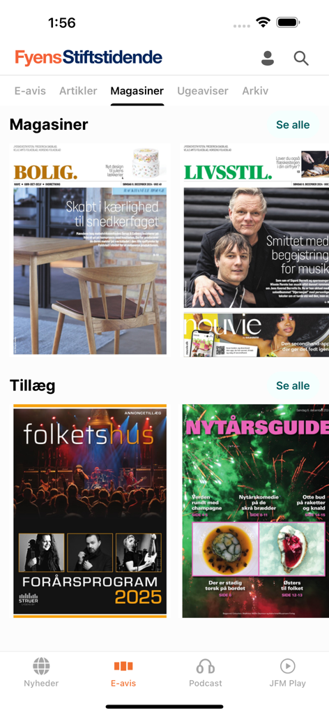 Bereich für Magazine und Beilagen in der Fyens Stiftstidende App