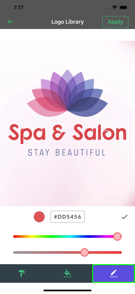Create Logo Maker for Business - Interfaz de diseño de logo para un negocio de spa y salón que muestra un icono colorido de loto y herramientas de edición de texto.