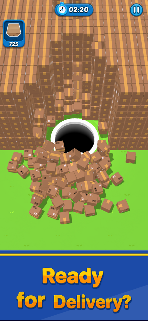 Hole Express: Black Hole Game - Gameplay screenshot of Hole Express showing a black hole absorbing cardboard delivery boxes on a green field.