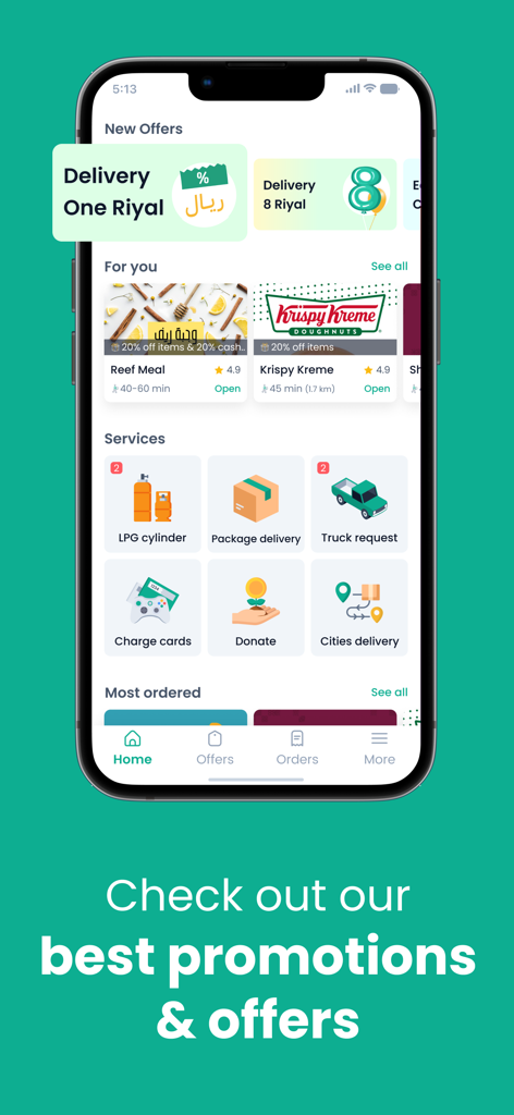 Mr Mandoob app interface featuring delivery options for food, packages, and heavy items with special offers.