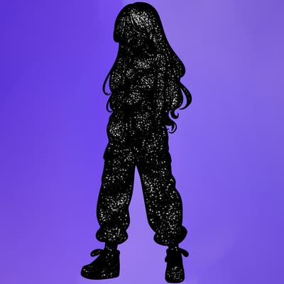 girl in baggy pants crop top and long hair