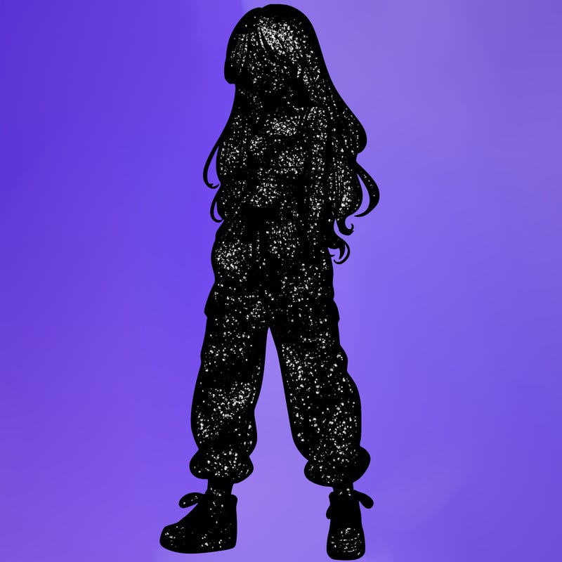 girl in baggy pants crop top and long hair